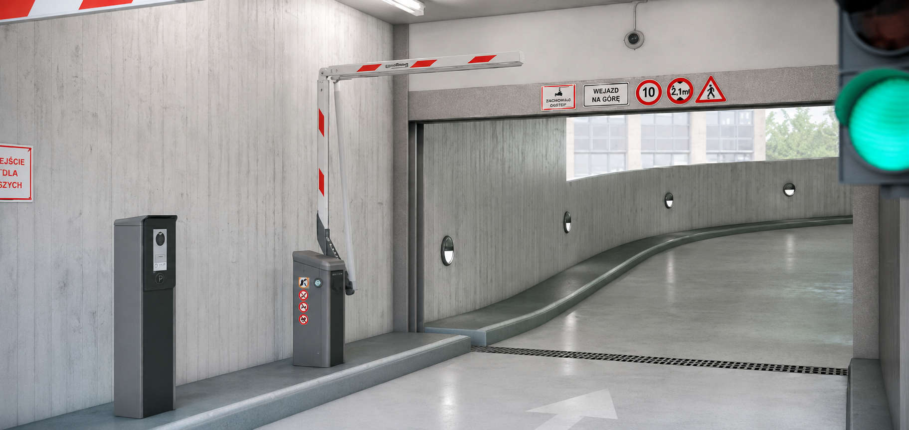 Parking garage entry with boom barrier and access terminal in Poland